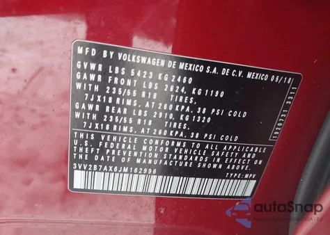 2018 Volkswagen Tiguan 2.0T Se/2.0T Sel из США, поврежденный, VIN 3VV2B7AX6JM162996